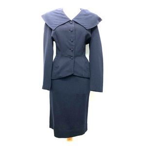 Vintage 40s Secretary Skirt Suit XS Navy Wool AsIs